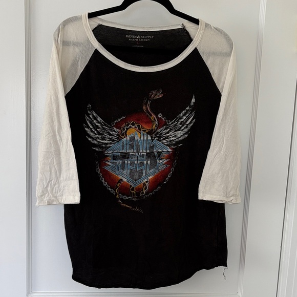 Denim & Supply Ralph Lauren Tops - Denim & Supply Ralph Lauren Black Tee with Cream Raglan Sleeves and Graphic